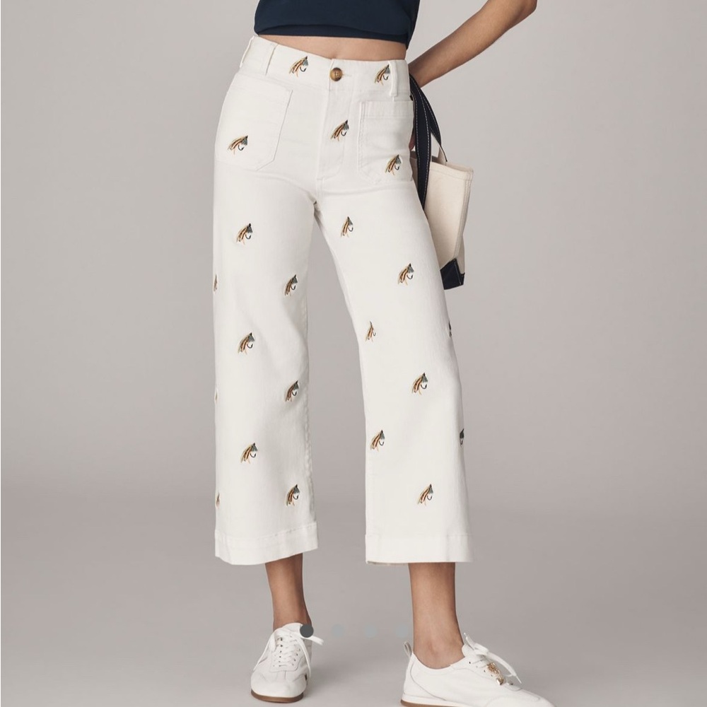 NWT Anthropologie Colette Embroidered Fishing Crop Wide Leg Pants By Maeve
